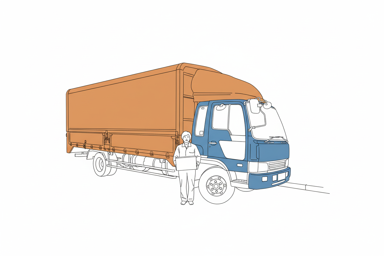 트럭앞에 이삿짐을 들고 있는 이사업체 직원의 모습