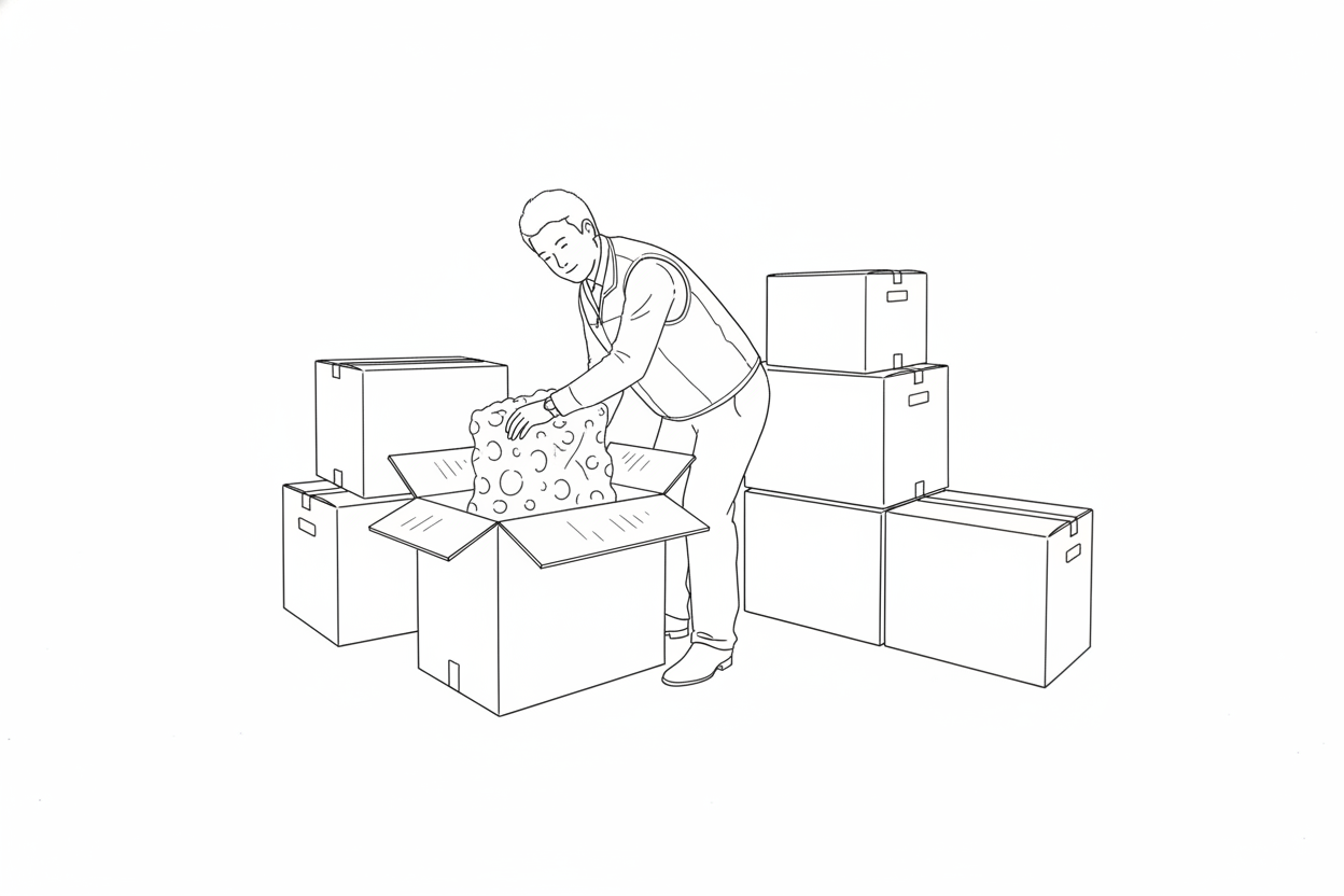 이사짐을 포장하는 모습의 라인드로잉 이미지