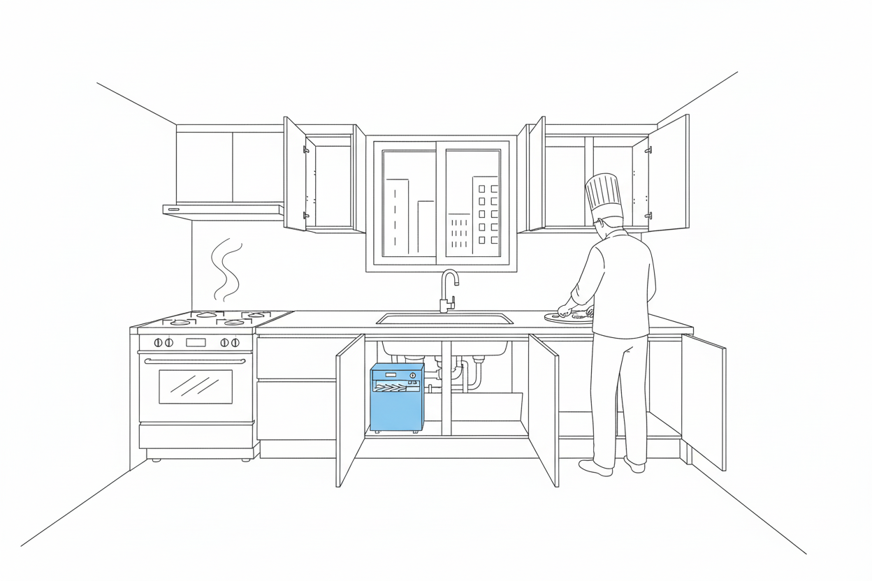 주방을 정리중인 모습의 라인드로잉 이미지