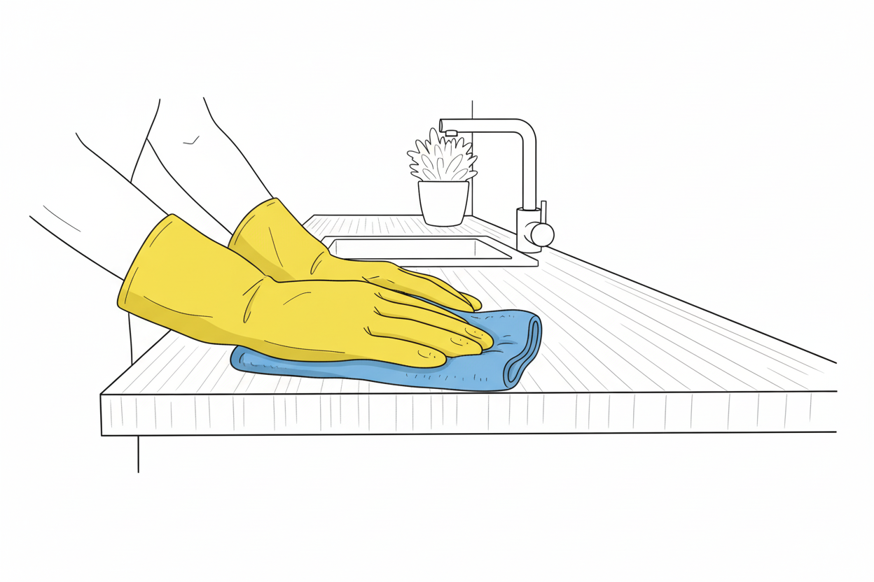 씽크대 상판을 닦는 모습의 라인드로잉 이미지