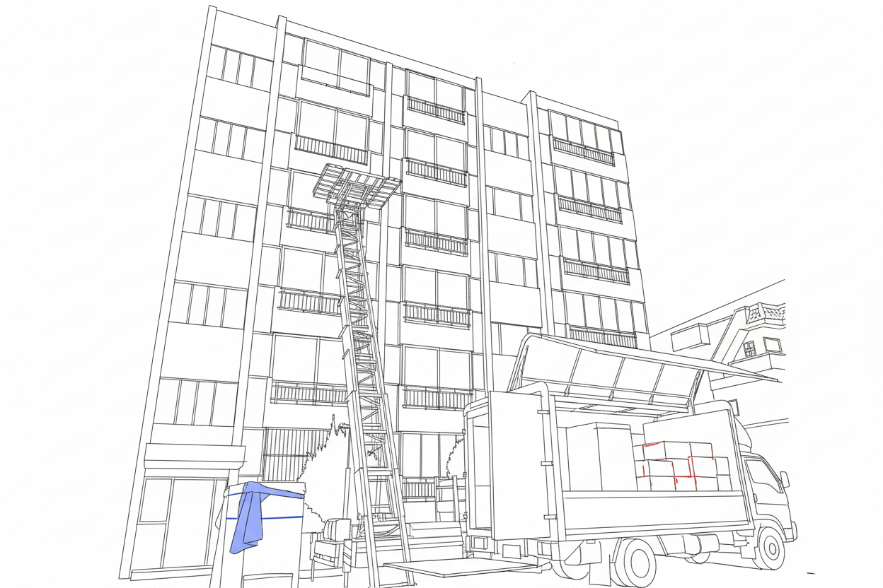 사다리차로 이삿짐을 내리는 모습의 라인드로잉 이미지