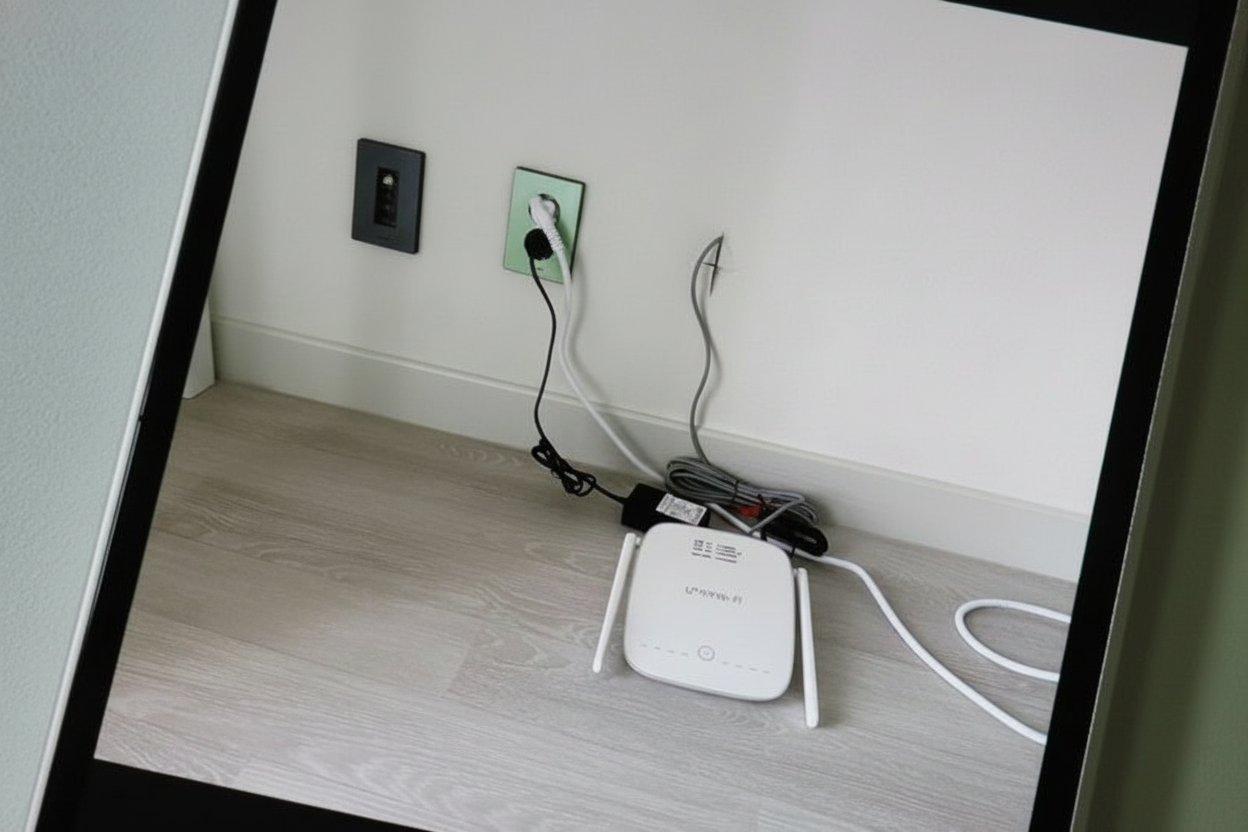 바닥에 놓여있는 인터넷 모뎀의 모습