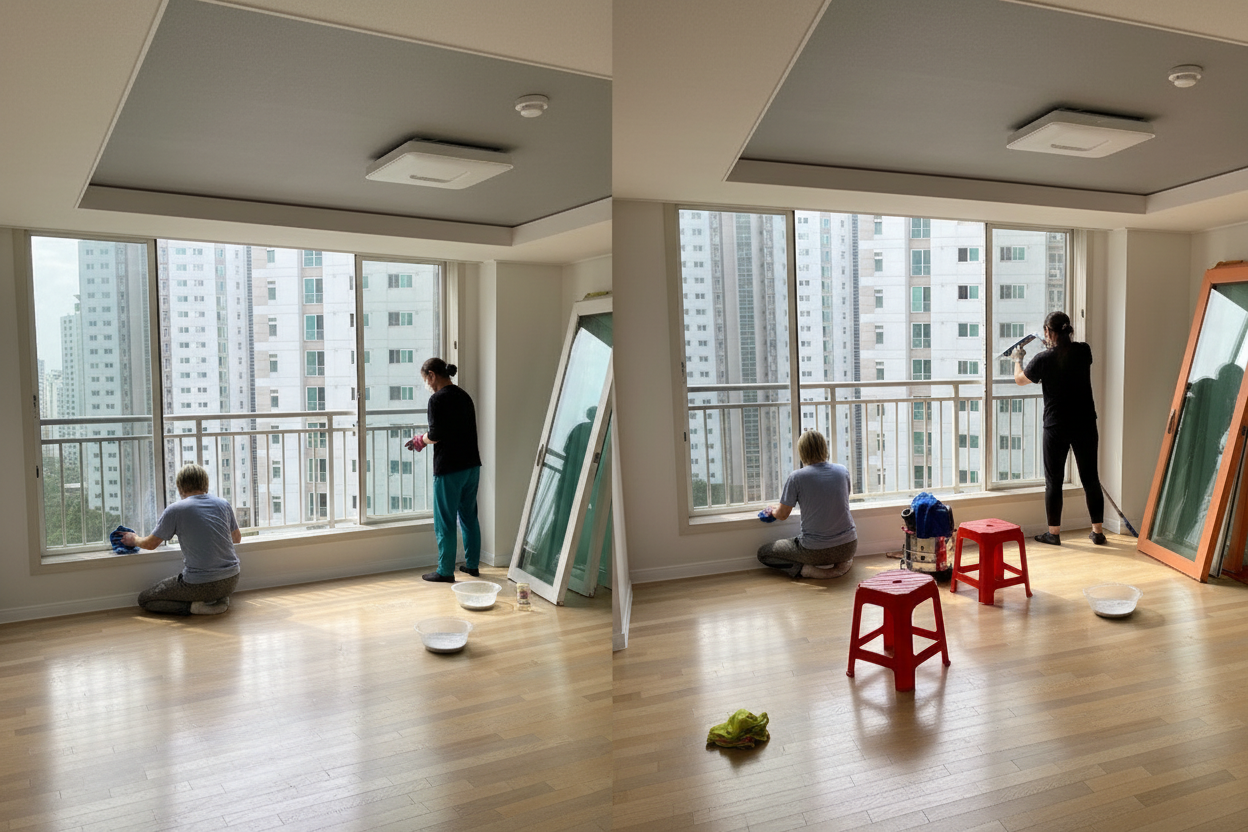 샷시를 청소중인 사람들의 모습