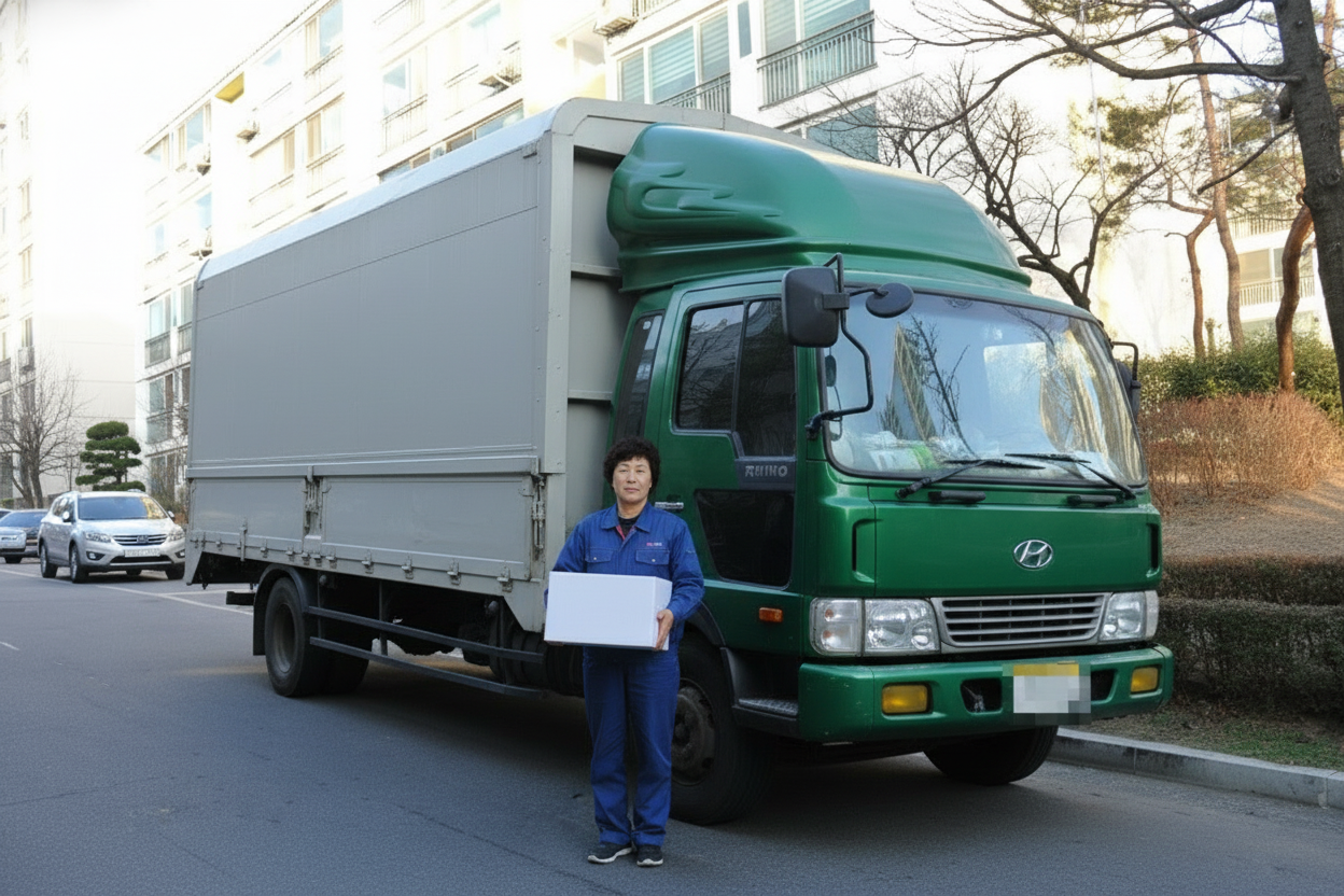 트럭앞에 이삿짐을 들고 서있는 사람의 모습
