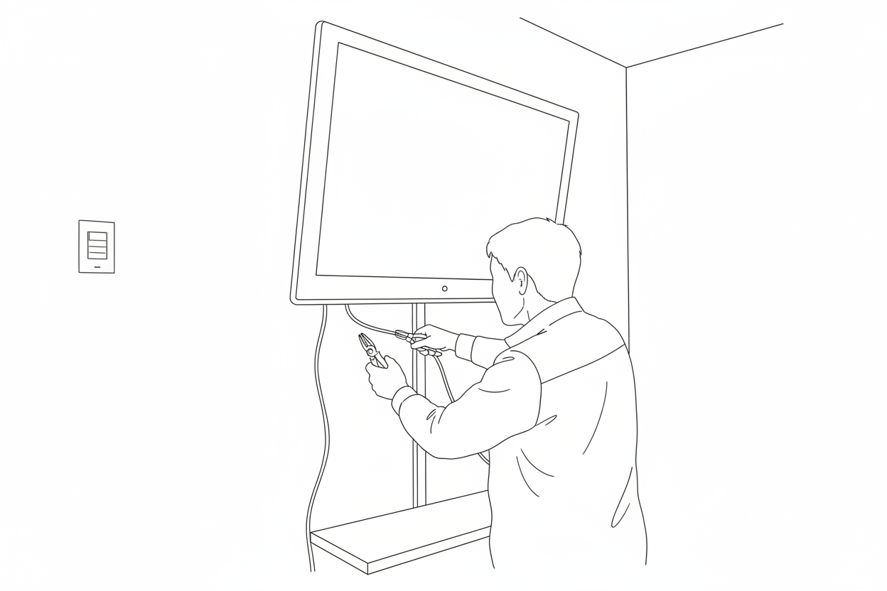 인터넷 설치기사가 IPTV에 회선을 연결하는 모습의 라인드로잉 이미지