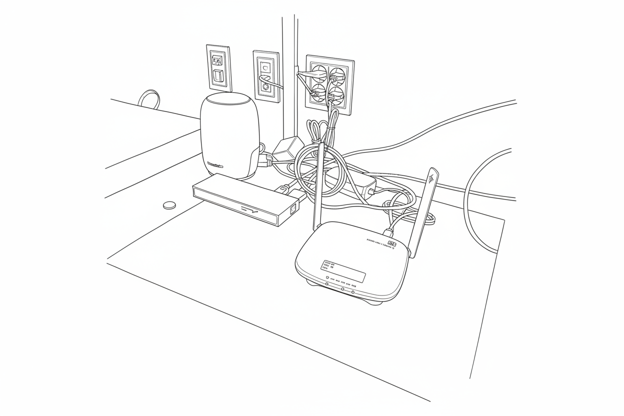 테이블위에 놓여진 인터넷모뎀과 공유기의 라인드로잉 이미지
