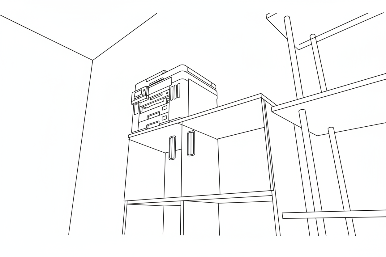장식장위에 놓여진 복합기의 라인드로잉 이미지