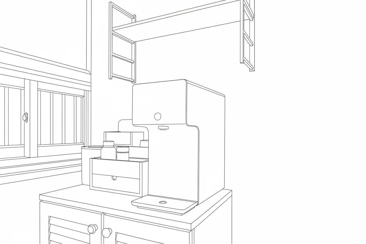 주방 한켠에 설치된 정수기의 라인드로잉 이미지